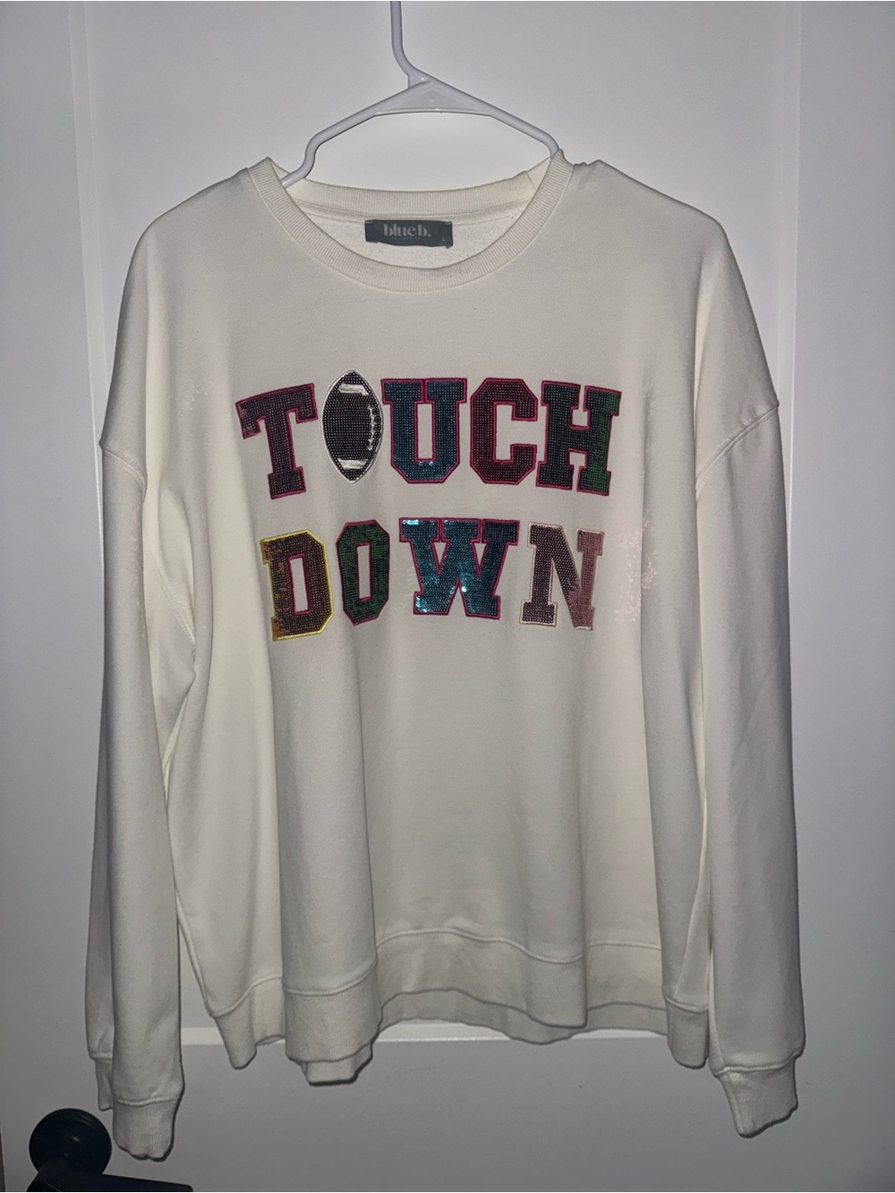 White "TOUCH DOWN" Sequin Appliqué Sweater